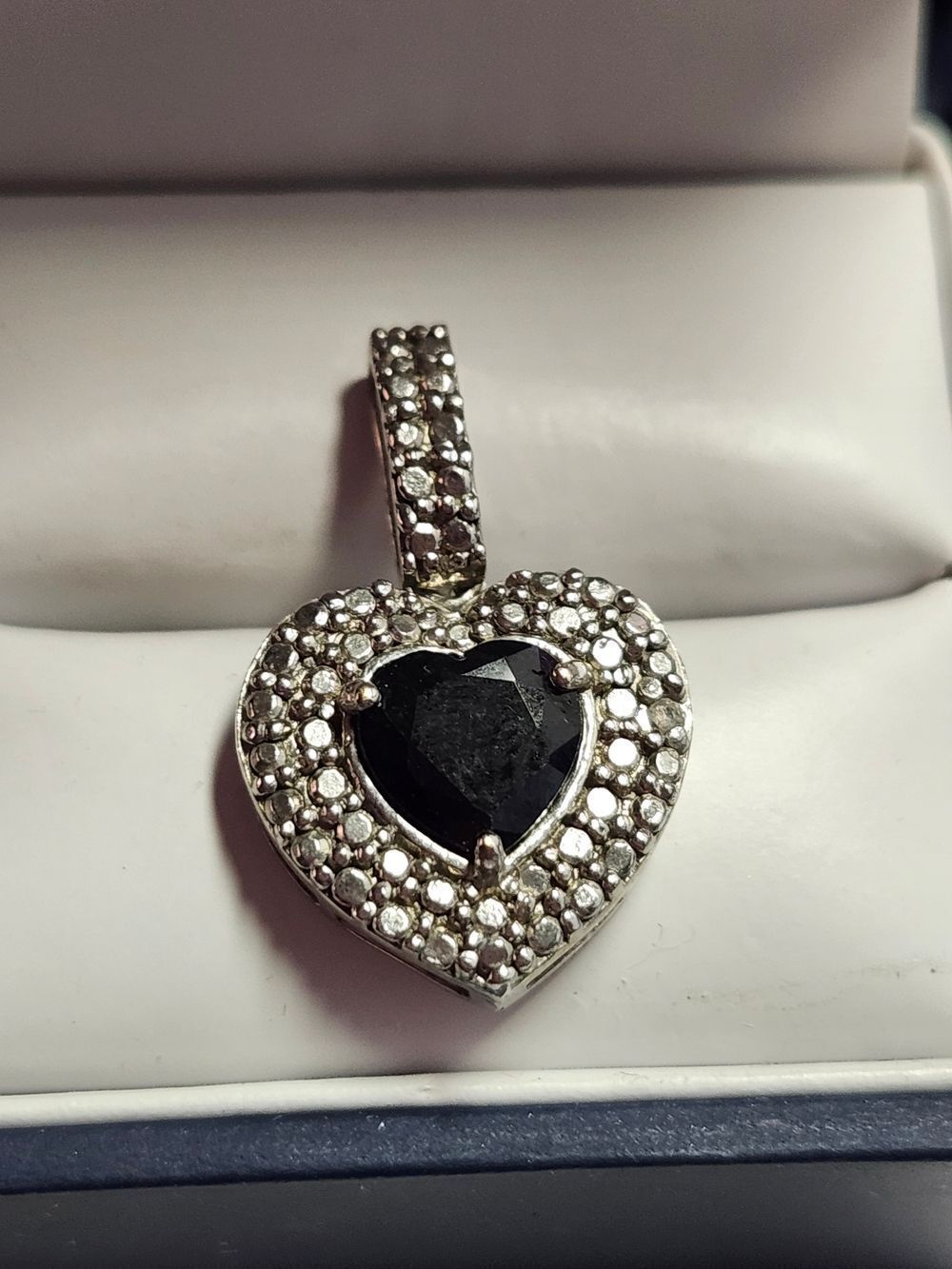 Sterling Silver Plated Heart Pendant with Dark Sapphire Center